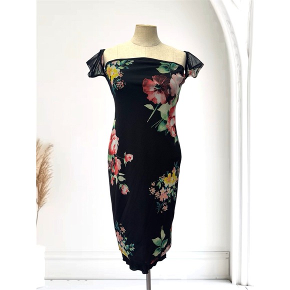 Vintage 90s Y2k‎ Charlotte Russe M Black Mesh Floral Dress Bodycon Off Shoulder - Picture 1 of 13